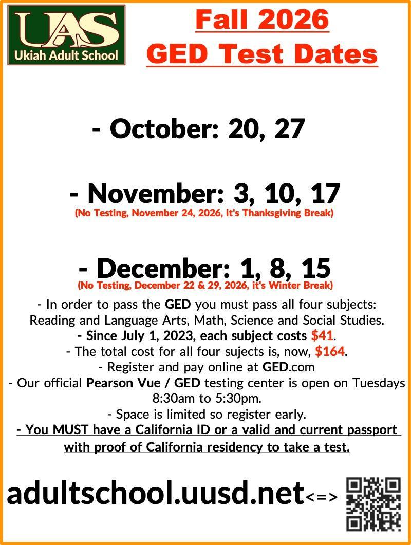 Fall 2026 GED / Pearson-Vue test dates poster.