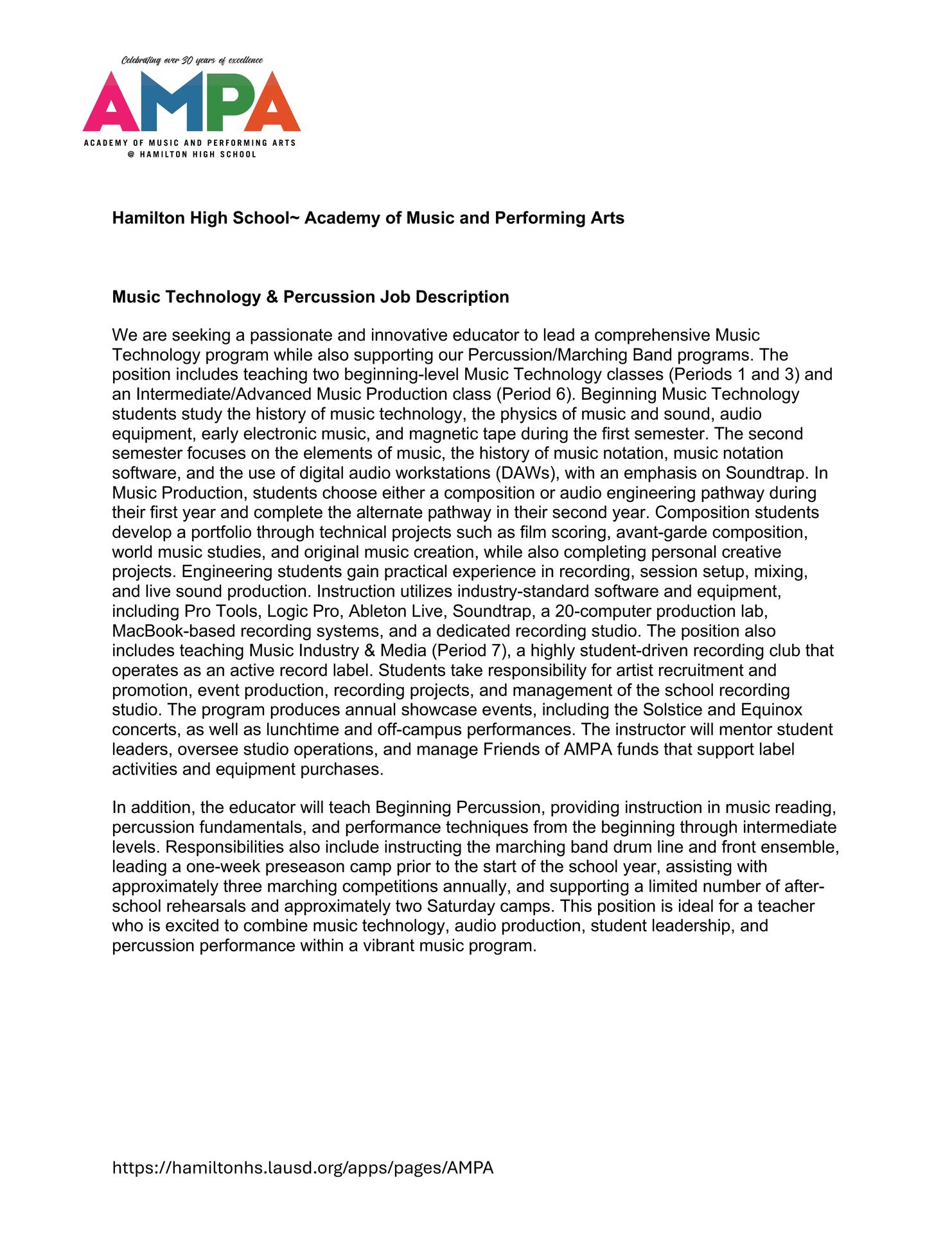 AMPA Music Technology Position