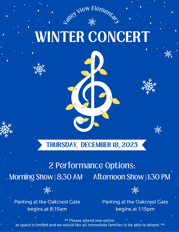 Blue background flyer with Winter Concert at 8:30 AM and 1:30 PM on December 18, 2025