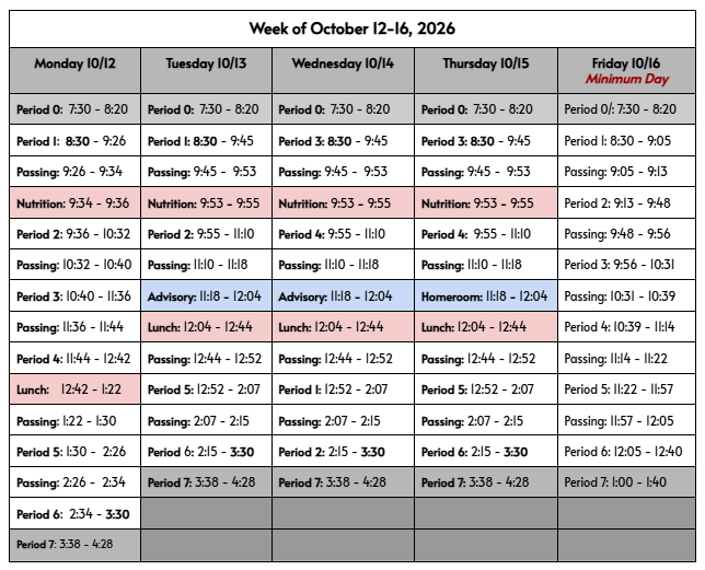 Bell Schedule for Oct. 12 - 16