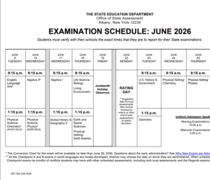 Regents Exam Daily Schedule June 9 - 25th