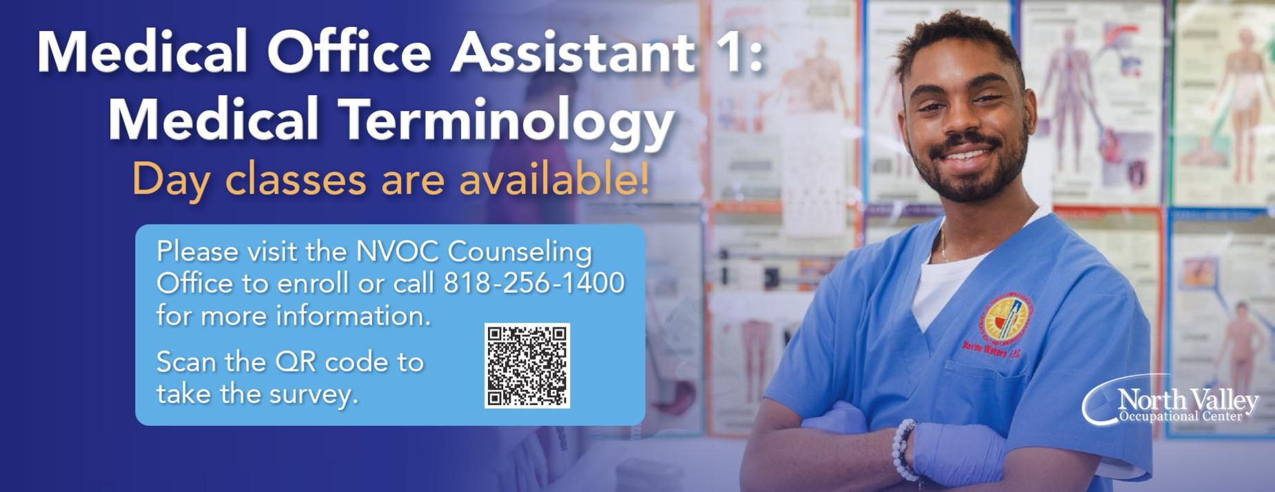 Medical Office Assistant 1: Medical Terminology shuffle with phone number 818-256-1400 and qr code for more information