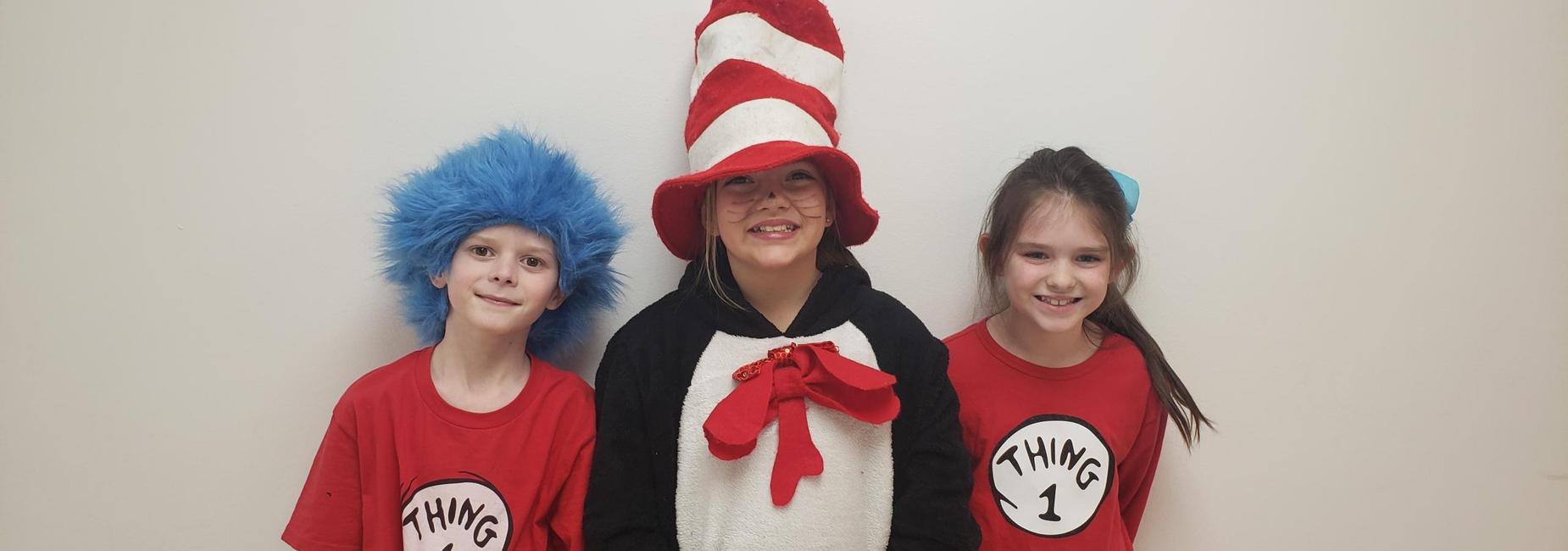image of students dressed for Dr. Seuss day as Cat in the Hat and Thing 1