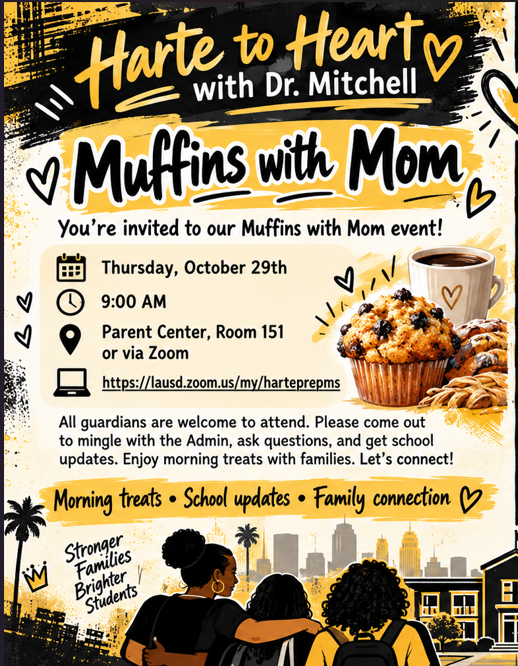 Flyer for Moms with Muffins, featuring a family, muffins, and coffee