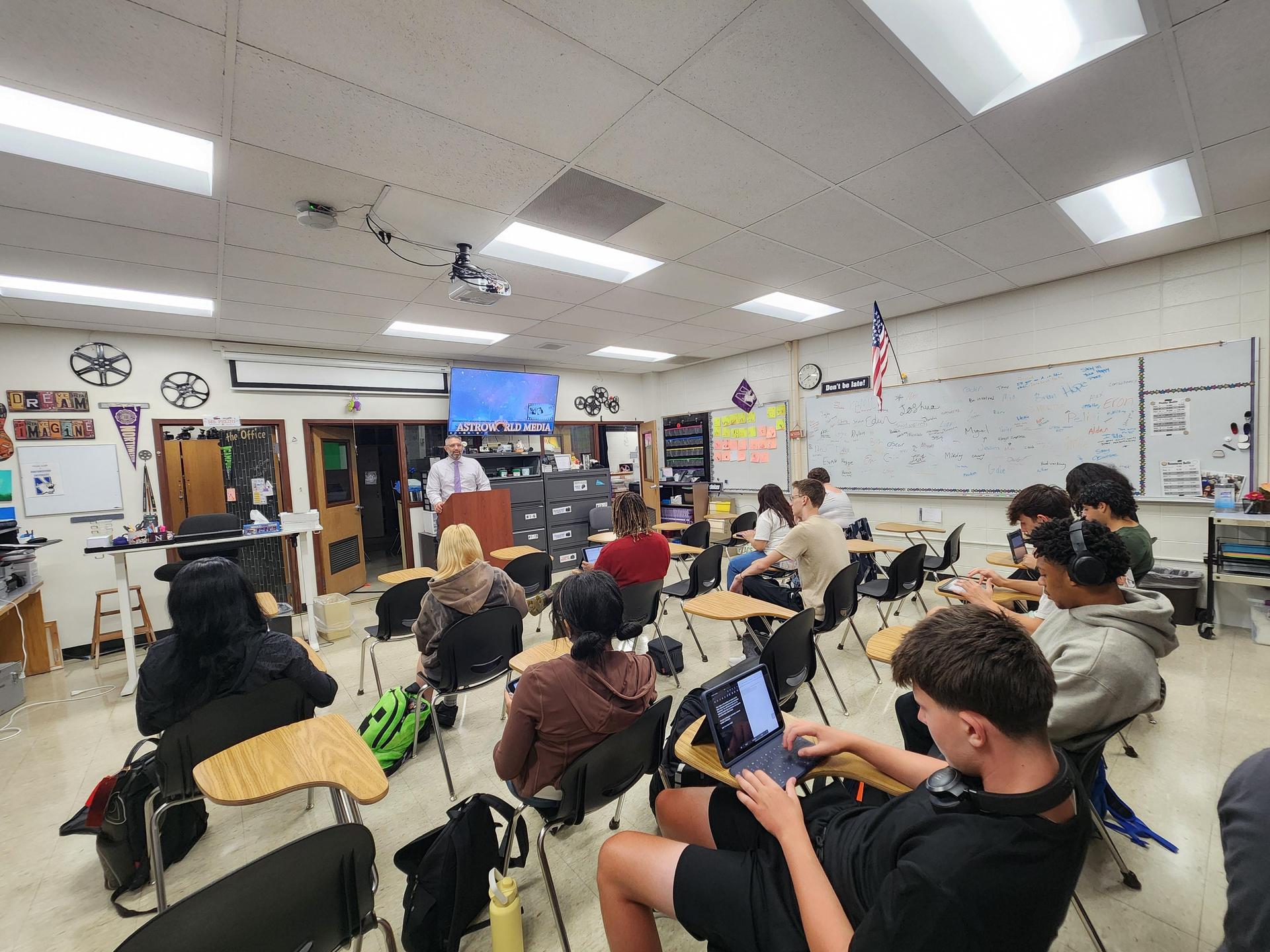 The Advanced Media students participate in a press conference with Dr. Baker