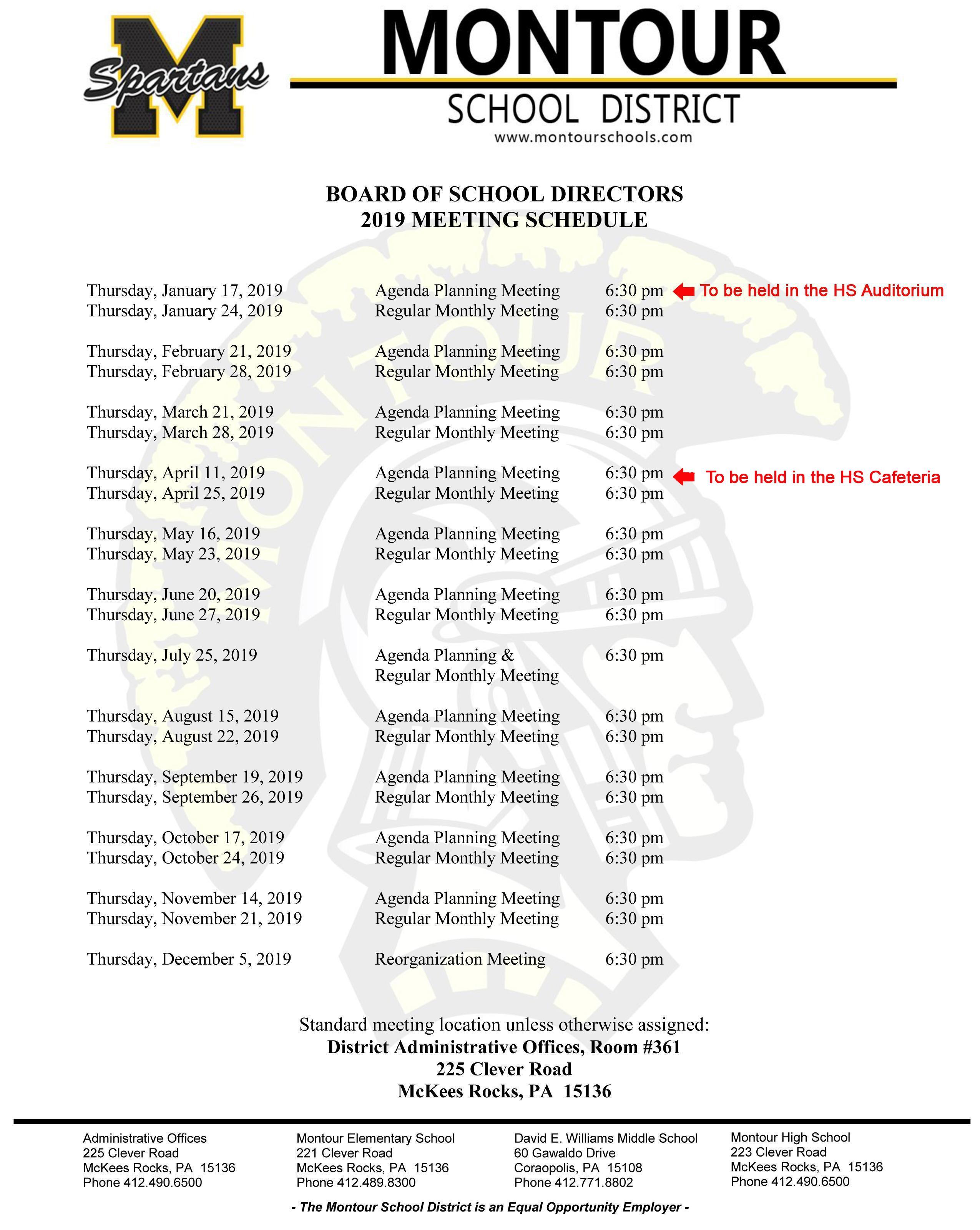 Meeting Schedule School Board Montour School District