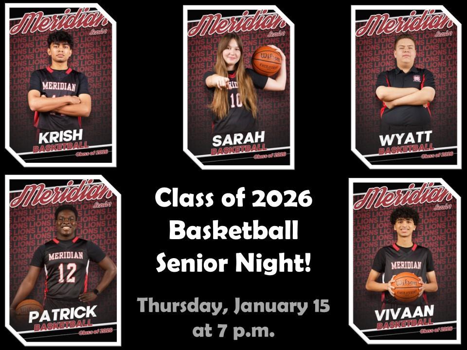 Seniors stand with their uniforms, holding basketballs, for Senior Night