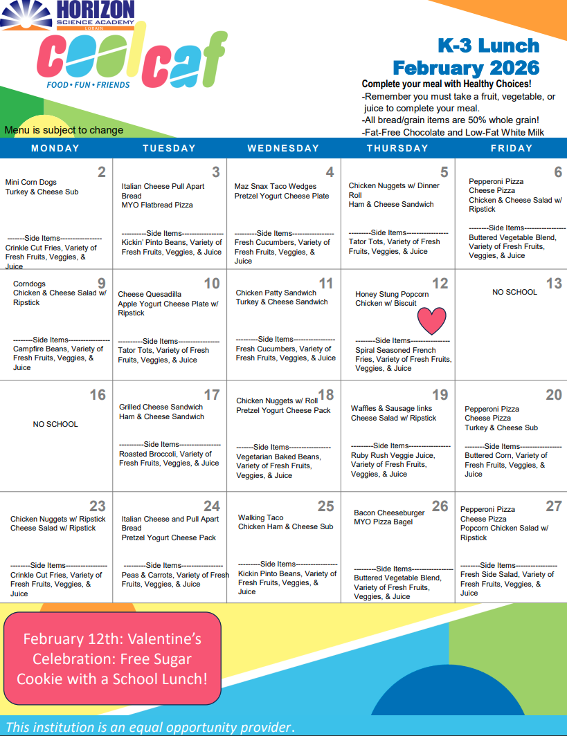HSA K-3 Lunch Menu February 2026