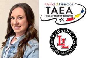 Smiling woman in a denim jacket beside logos for TAEEA and Lorena ISD.