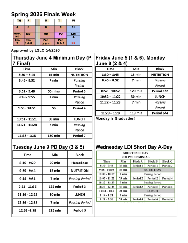 Spring 2026 Finals Week schedule