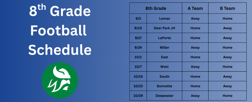 8th grade football schedule with dates, teams, and home/away information.