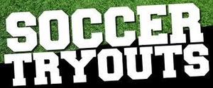White text: "Soccer tryouts" over a green, grassy soccer field