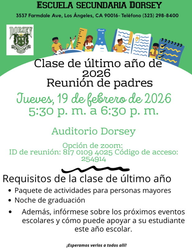 Senior Class of 2026 Parent Meeting flyer spanish