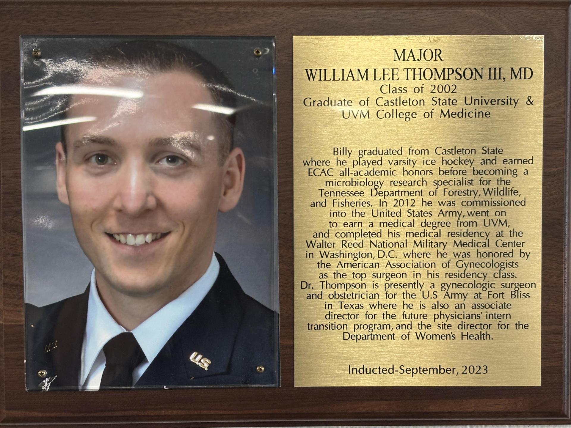 Major William Lee Thompson's MVU Hall of Fame Plaque