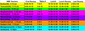 Color-coded lunch schedule by class