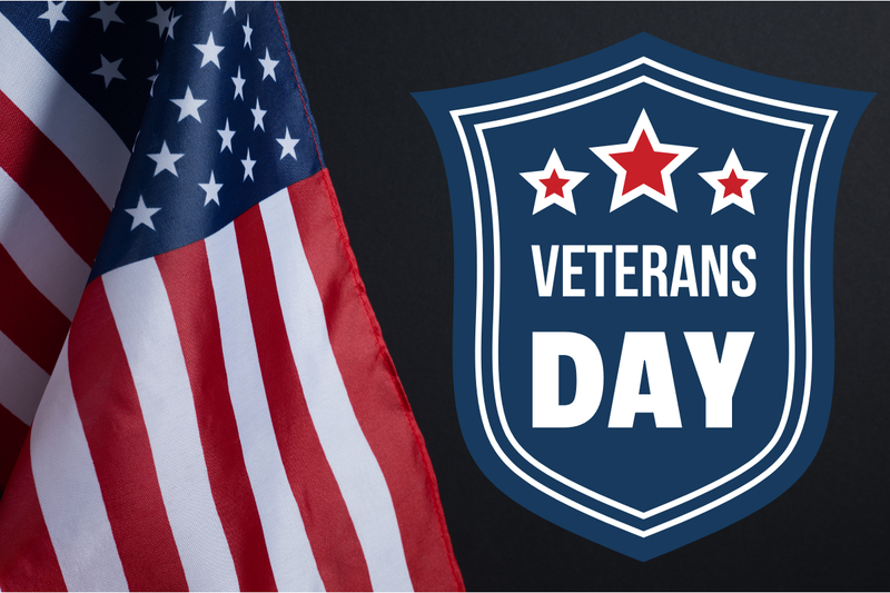 Graphic that says Veterans Day with an American flag