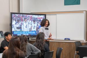 A Granite Hills High School student presents to classmates during a Q&A session with visiting CSBA leaders.