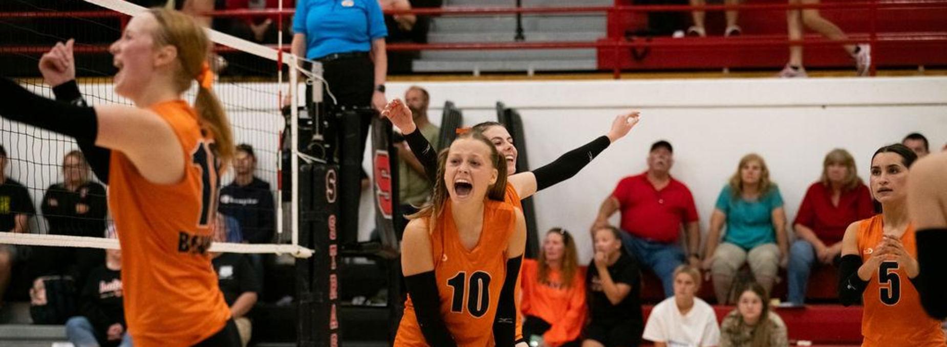 Volleyball team celebrating during a match with fans in the background.