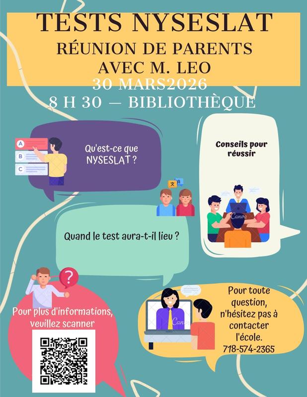 NYSESLAT Testing Parent Meeting flyer. Monday, March 30th, 2026.  French