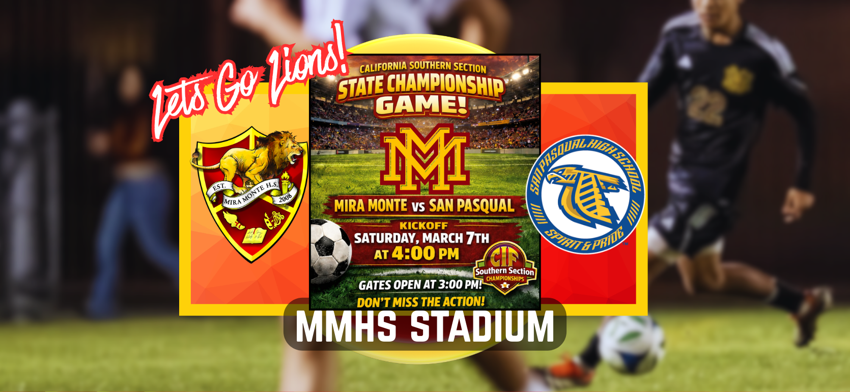 Promotional poster for a championship soccer game at MMHS Stadium.