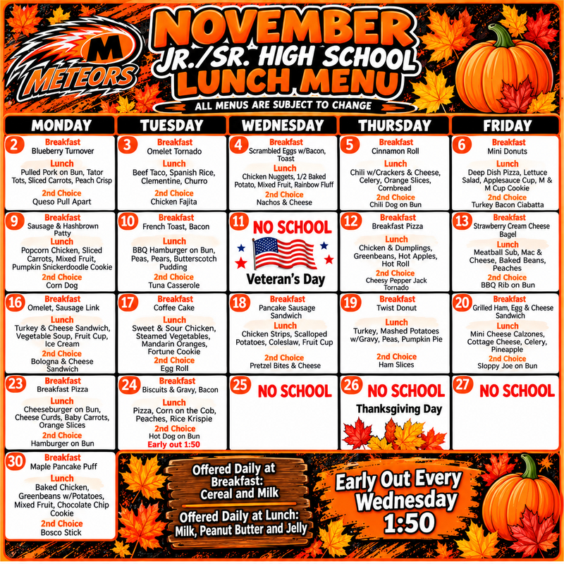 JSHS November Breakfast & Lunch Menu Featured Photo