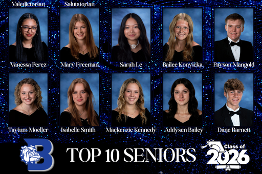 Group of top 10 seniors from Bandera High School smiling in formal portraits.