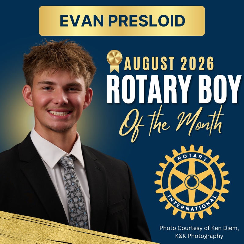 Photo of August Boy of the Month with blue and gold graphic design effects and gold gear-shaped logo for the Rotary Club
