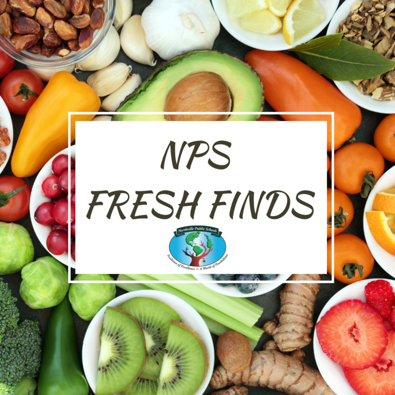 Colorful graphic with a bunch of produce piled together with the text "NPS Fresh Finds"
