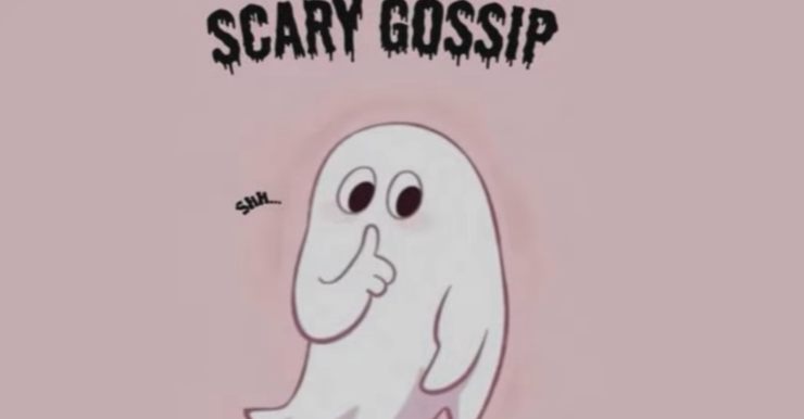 Cartoon ghost holding a finger to its mouth under dripping text that reads 