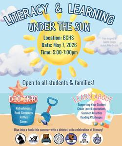 litteracy & fun flyer with sunshine and beach graphics