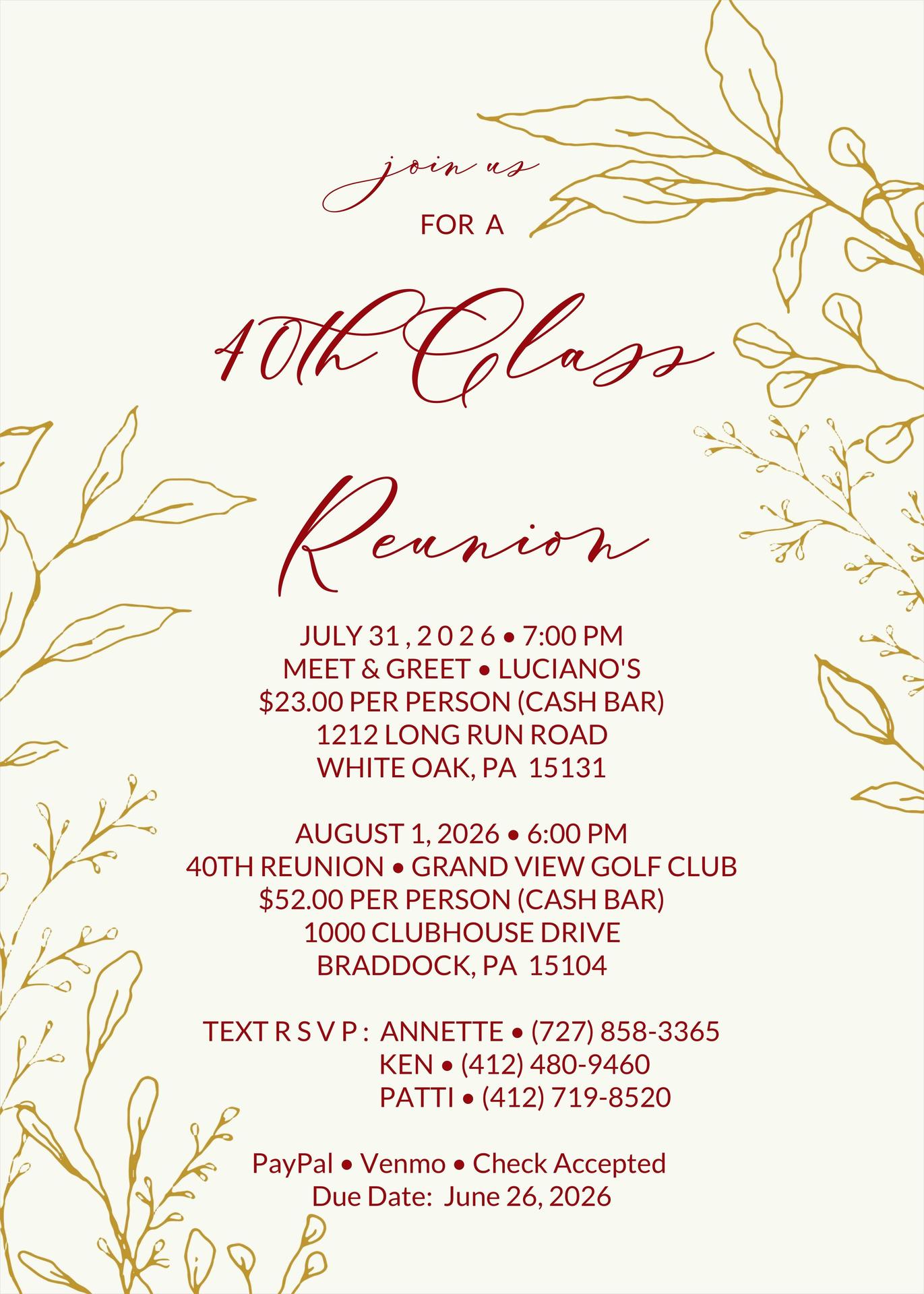 Class of 1986 Reunion Information