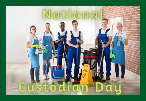 smiling People holding brooms and mops