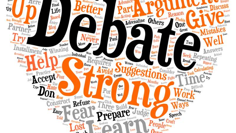Debate and other words shaped in a heart.