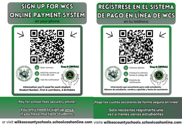 QR code with school logos and same text as posted above in English and in Spanish.
