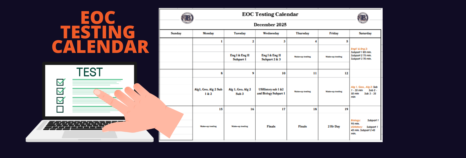 EOC testing calendar with schedule until December 19