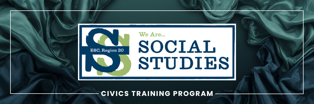 A digital banner with the text "Civics Training Program" including the Social Studies logo for ESC20, against a smooth, fabric-like background