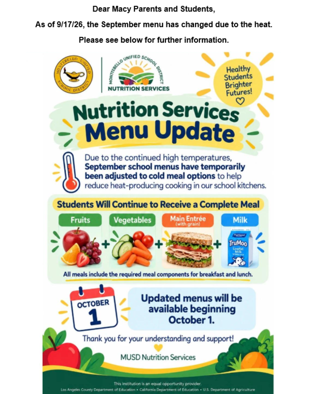 Sept Menu change