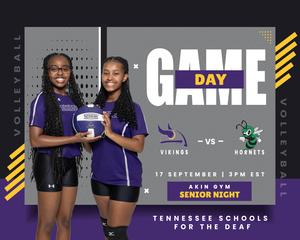 Two girls in volleyball uniforms holding a ball, promoting Senior Night event.