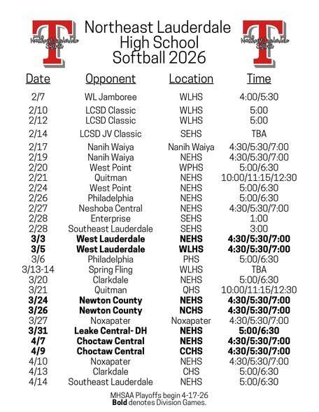 NEHS Softball SChedule 