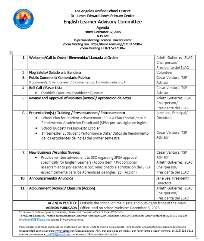 December 12, 2025 ELAC Agenda