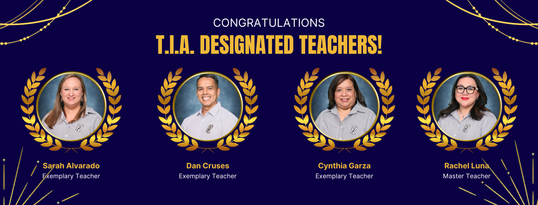 CONGRATULATIONS
T.I.A. DESIGNATED TEACHERS!
Sarah Alvarado Exemplary Teacher
Dan Cruses
Exemplary Teacher
FZ
Cynthia Garza Exemplary Teacher
Rachel Luna
Master Teacher