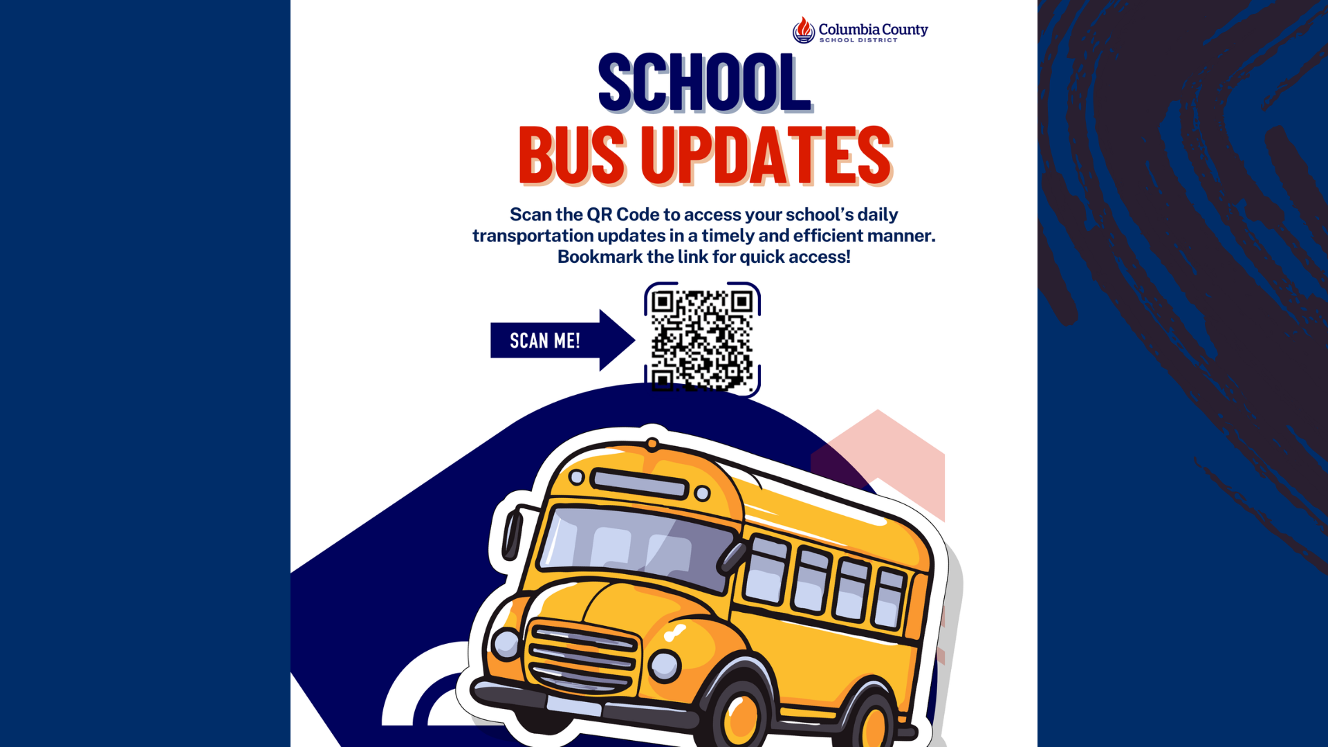 Yellow school bus with QR code for transportation updates.