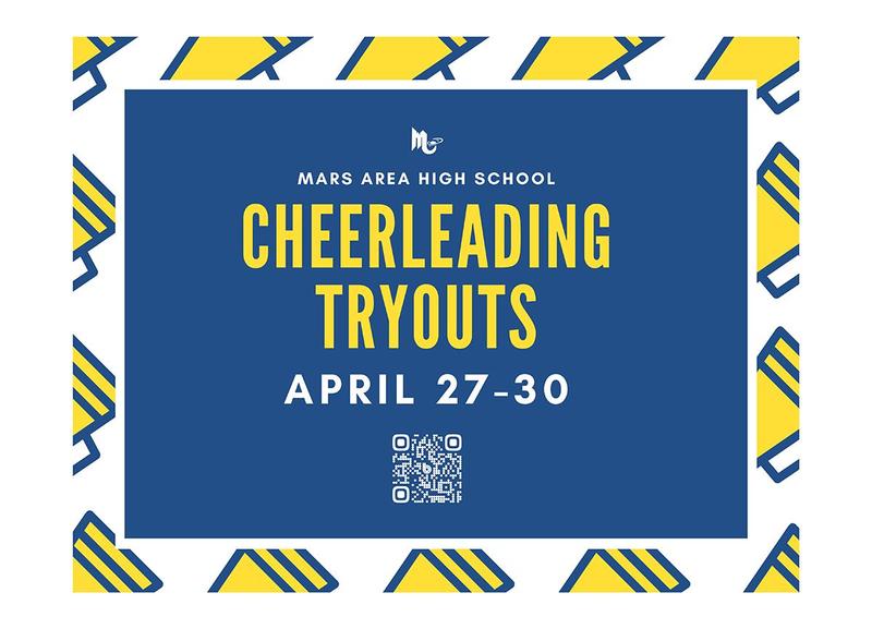 Cheerleading tryouts poster with school logo and QR code.