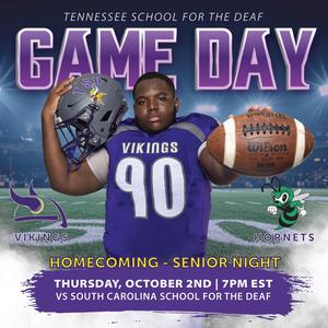 A football player in a Vikings jersey holds a ball with event details for Game Day.