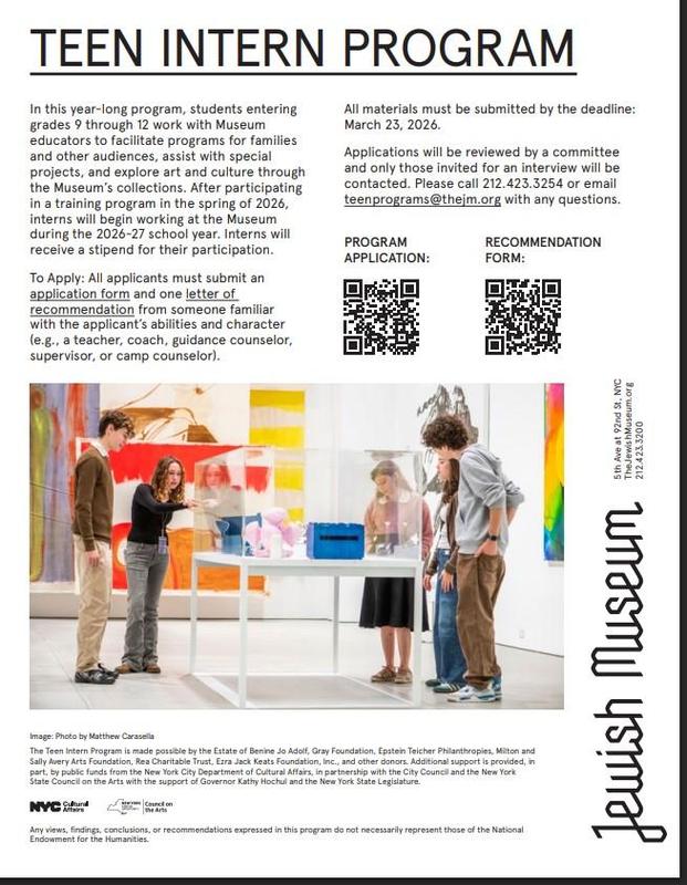 Teen intern program details with application information and deadlines.