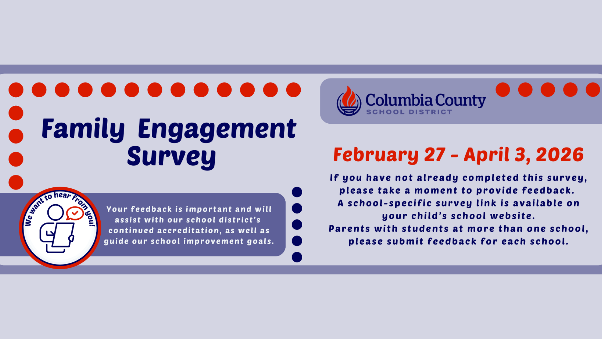 Family engagement survey announcement with dates and feedback instructions.