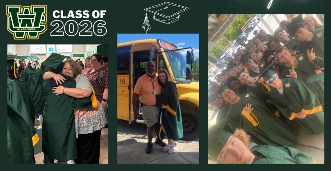 Students in graduation gowns posing together with decorations for Class of 2026.