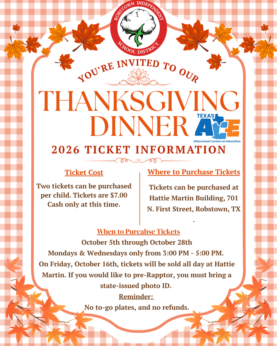 Invitation to a Thanksgiving dinner with details on tickets and dates.
