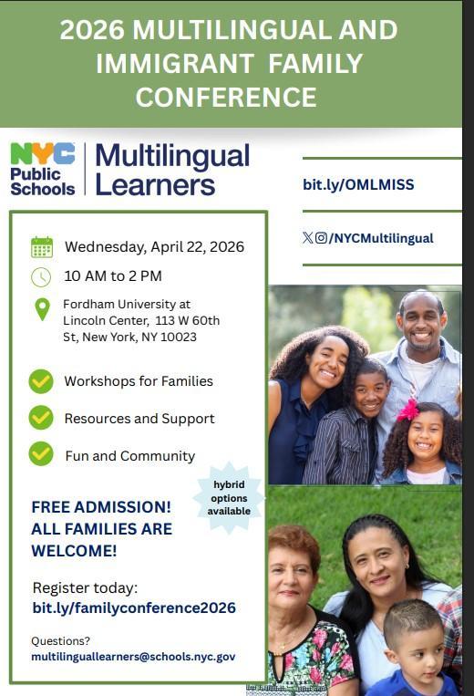 2026 Multilingual and Immigrant Family Conference poster with event details.