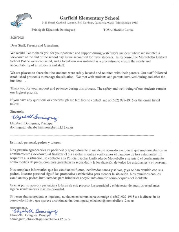 Message from Principal 03/26/26